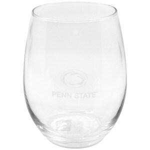 stemless wine glass with etched Athletic Logo above Penn State